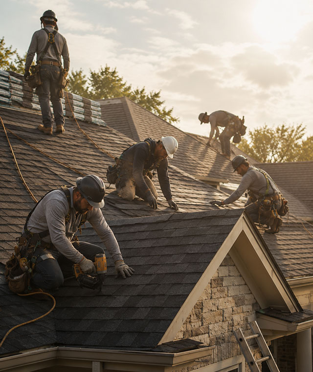 Roofing professionals working together on a home